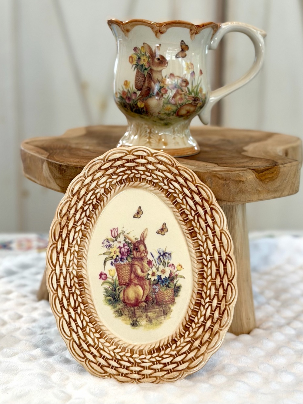 Cracker Barrel Cream and Brown Easter Traditions Ceramic Mug and Barrel Plate